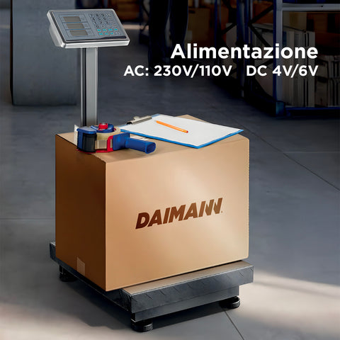 Bilancia Daimann con alimentazione AC 230V/110V e DC 4V/6V per uso in magazzino industriale, versatile e affidabile