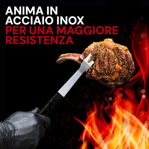 Anima in acciaio inox per maggiore resistenza degli accessori barbecue, ideale per carne, fuoco e alte temperature