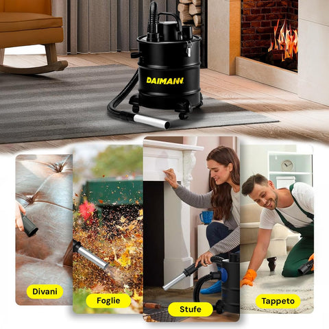 Daimann Aspiracenere 20L 800W con Filtro HEPA Lavabile, Ruote Piroettanti, Stufa Barbeque Camino e Tubo Flessibile in Acciaio Ignifugo Ean-8056590070093