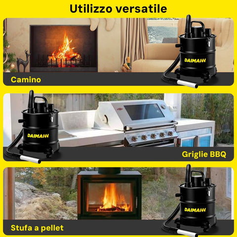 Daimann Aspiracenere 20L 800W con Filtro HEPA Lavabile, Ruote Piroettanti, Stufa Barbeque Camino e Tubo Flessibile in Acciaio Ignifugo Ean-8056590070093