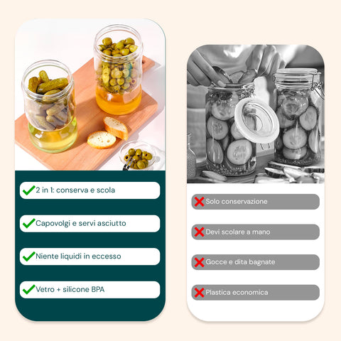 Confronto vantaggi barattolo sottaceti con filtro: 2 in 1 conserva e scola, capovolgi e servi asciutto, vetro e silicone BPA free vs barattoli tradizionali