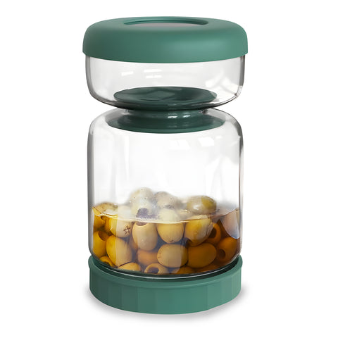 Barattolo per sottaceti in vetro borosilicato 1L con design a clessidra, filtro a ribalta integrato e coperchio ermetico verde, contenente olive in salamoia