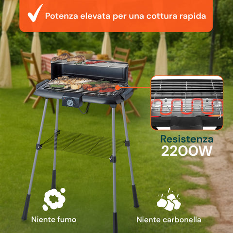 Barbecue Elettrico da Esterno 88x54 Cm con Griglia e Scaldavivande