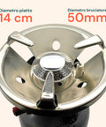 Diametro piatto 14cm con bruciatore 50mm per fiamma stabile e cottura uniforme, dettaglio tecnico del fornello