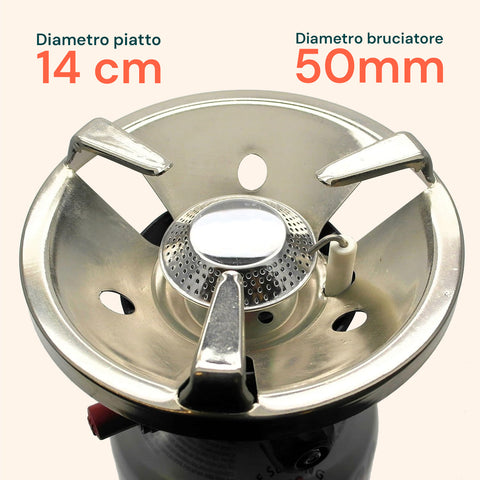 Diametro piatto 14cm con bruciatore 50mm per fiamma stabile e cottura uniforme, dettaglio tecnico del fornello