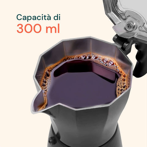 Caffettiera Elettrica DeMaison con capacità 300 ml e coperchio trasparente, moka elettrica con caffè in preparazione visibile attraverso il vetrino, per 6 tazze di espresso