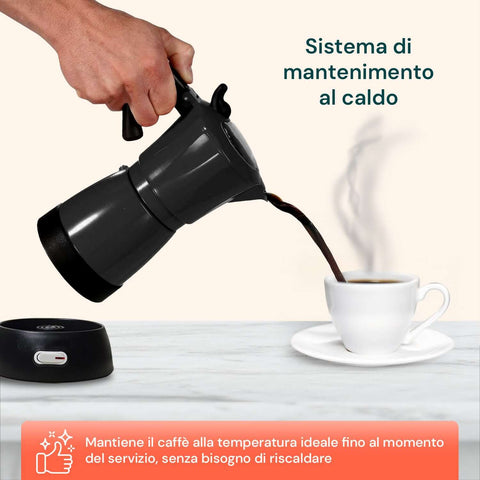 Moka Elettrica DeMaison 6 tazze con sistema di mantenimento al caldo che versa caffè fumante nella tazzina, caffettiera elettrica 480W che mantiene la temperatura ideale fino al momento del servizio senza bisogno di riscaldare