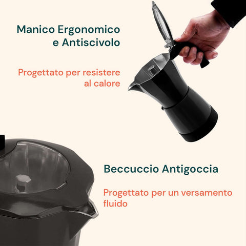 Moka Elettrica DeMaison con manico ergonomico antiscivolo resistente al calore e beccuccio antigoccia per versamento fluido, caffettiera elettrica 6 tazze dal design funzionale e sicuro