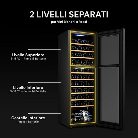 Cantinetta vini da 44 bottiglie 130 litri con 2 livelli separati per vini bianchi e rossi, controllo temperatura indipendente 5-18°C e cestello inferiore
