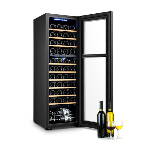 Cantinetta per vini Corte Vigna da 44 bottiglie 130 litri con porta aperta, ripiani in legno e illuminazione LED blu