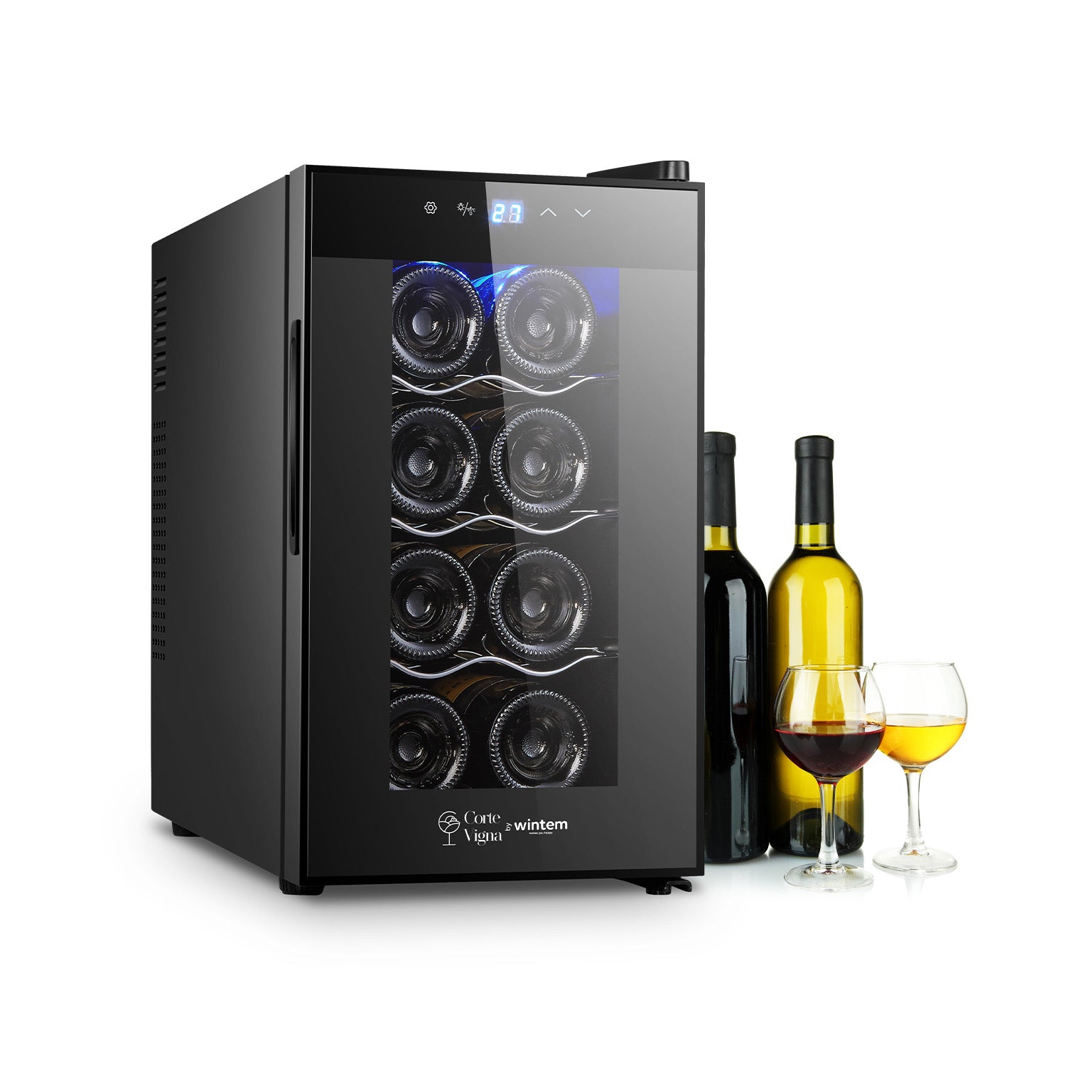 Cantinetta per vini Corte Vigna da 8 bottiglie 25 litri con porta in vetro, illuminazione LED blu e controllo digitale temperatura