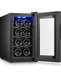 Cantinetta vini da 8 bottiglie 25 litri con porta completamente aperta, illuminazione LED blu e ripiani cromati visibili