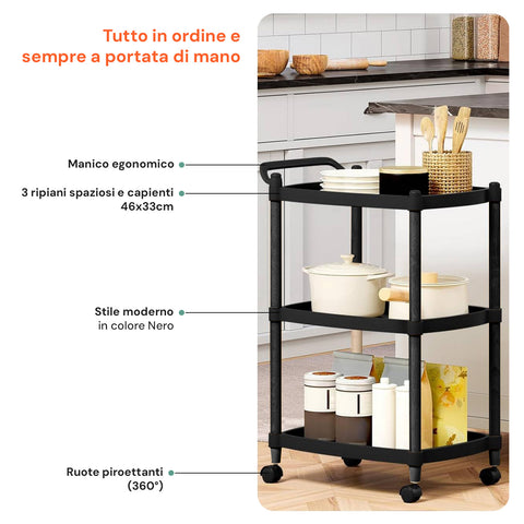 Avilia Carrello Salvaspazio Multiuso Nero con 3 Ripiani e Ruote Pratico ed Elegante per Cucina e Bagno Ean 8056819050165