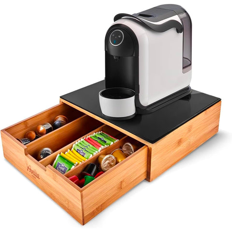 Cassetto Porta Capsule e Cialde in Bambù con ripiano in vetro, compatto con 4 scomparti. Ean 8056819042719