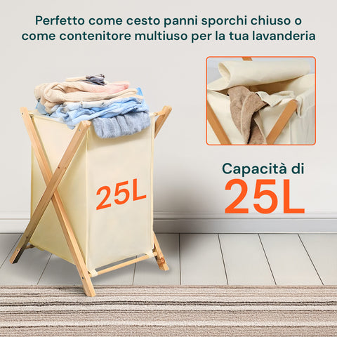 Portabiancheria Pieghevole In Legno E Stoffa Ecru