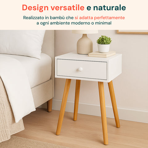 Comodino in bambù bianco posizionato accanto al divano, design versatile e naturale che si adatta a ogni ambiente moderno