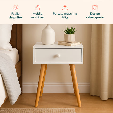 Comodino in bambù bianco facile da pulire, mobile multiuso con portata massima 9 kg, design salva spazio per camera da letto