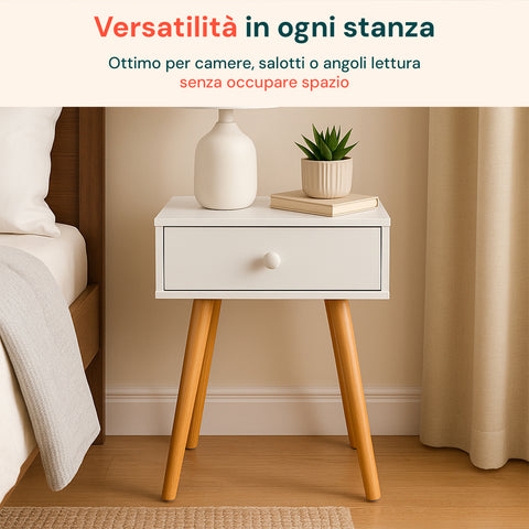 Comodino in bambù bianco versatile per camere, salotti o angoli lettura, ottimo senza occupare spazio con decorazioni moderne