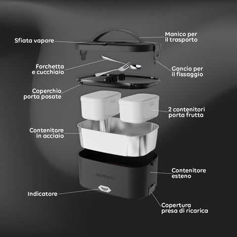 Componenti scaldavivande elettrico 3 in 1: contenitore acciaio inox, 2 contenitori porta frutta, posate, manico trasporto e coperchio