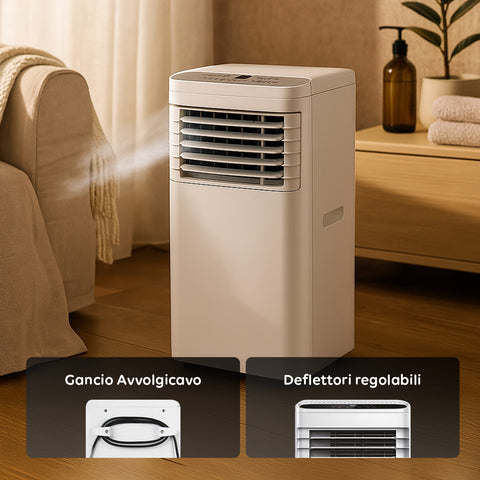 Condizionatore portatile Chigo con gancio avvolgicavo e deflettori regolabili, ambiente soggiorno moderno con arredamento elegante