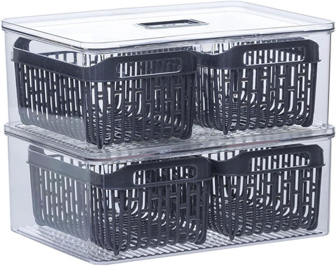 Due contenitori frigorifero impilabili con cestelli neri - organizer salvaspazio Tidy 32cm per massima organizzazione