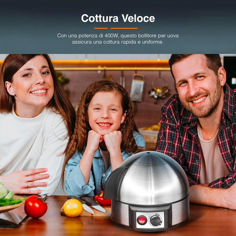 Bollitore per uova da 400W con cottura rapida e uniforme, ideale per colazione in famiglia, design compatto in acciaio inox con controllo temperatura