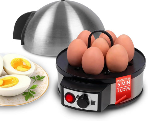 Cuociuova elettrico con capacità 7 uova, coperchio in acciaio inox, timer regolabile e piatto con uova sode tagliate, pronto in 5 minuti