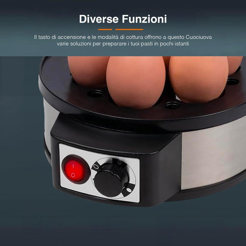 Dettaglio pannello di controllo cuociuova con pulsante di accensione rosso e manopola timer regolabile, vassoio per 7 uova con fori di posizionamento per cottura uniforme