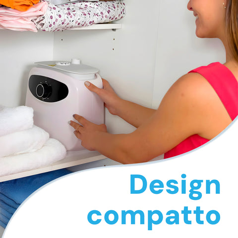 Design compatto dell'asciugabiancheria verticale, donna regola il timer, perfetto per armadio e casa moderna