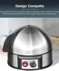 Cuociuova con design compatto in acciaio inox spazzolato, ideale per cucine piccole, con timer regolabile e pulsante di accensione rosso per preparare uova sode, medie o alla coque