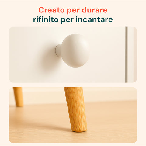 Dettagli del comodino in bambù bianco, maniglia rotonda elegante e gambe in legno naturale, creato per durare nel tempo
