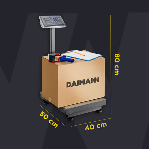 Dimensioni bilancia Daimann 80x40x50cm, design compatto professionale con piattaforma antiscivolo per stabilità massima