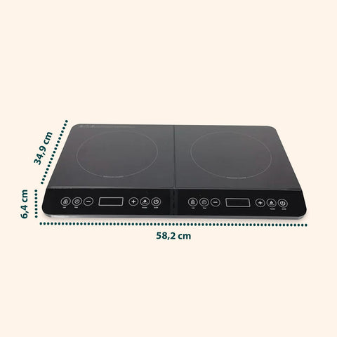 Piastra doppia a induzione Wintem dimensioni 58,2x34,9x6,4 cm con design compatto e superficie in vetroceramica, controlli touch intuitivi