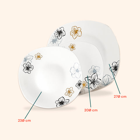 Servizio tavola Avilia con dimensioni precise: piatti quadrati 23cm, 20cm e 27cm con elegante decorazione Narciso floreale multicolore