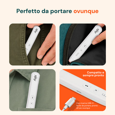 Dispositivo Avilia portatile mostrato in diverse situazioni d'uso: in tasca, zaino e con ricarica USB-C, compatto e sempre pronto all'uso