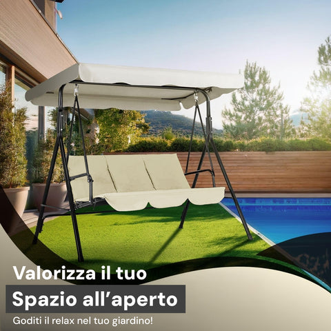 Dondolo da Giardino 3 Posti in Acciaio con Tettoia Regolabile e Cuscini Beige Ean-8023755056797