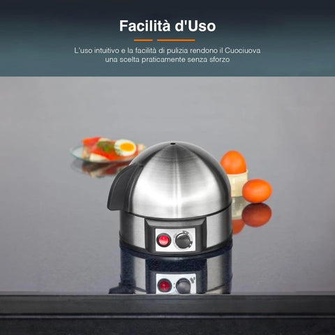 Cuociuova intuitivo facile da pulire con superficie in acciaio inox, pulsante di accensione rosso e manopola di controllo, perfetto per cucina minimalista