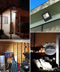 Faretto solare LED in diverse applicazioni: illuminazione ingresso casa, installazione sotto grondaia, illuminazione garage e insegna commerciale - Versatilità e sicurezza per ogni ambiente esterno
