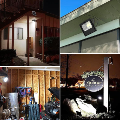 Faretto solare LED in diverse applicazioni: illuminazione ingresso casa, installazione sotto grondaia, illuminazione garage e insegna commerciale - Versatilità e sicurezza per ogni ambiente esterno