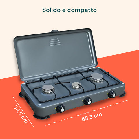 Fornello da Campeggio 3 Fuochi con Bruciatori Inox e Accensione Manuale