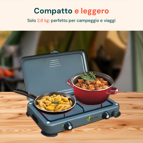 Fornello Esterno 2 Fuochi Inox Grigio per Riscaldo e Cottura in Campeggio