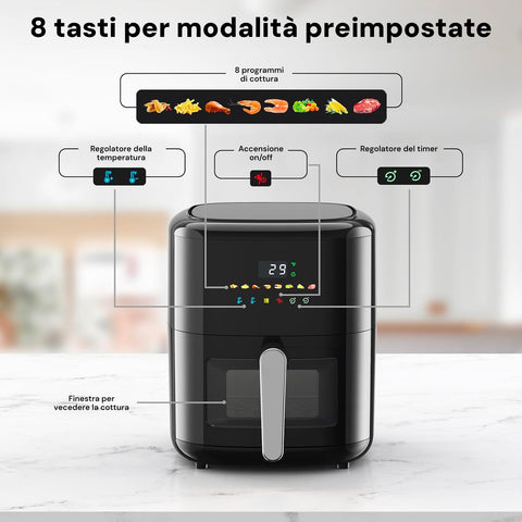 Avilia Friggitrice ad Aria 6L Digitale Compatta 1350W Senza Olio con 8  Programmi Cestello Lavabile e Timer Ean-8056897155509