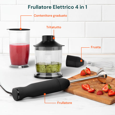 Frullatore elettrico 4 in 1 con contenitore graduato, tritatutto, frusta e frullatore per preparazioni multifunzione