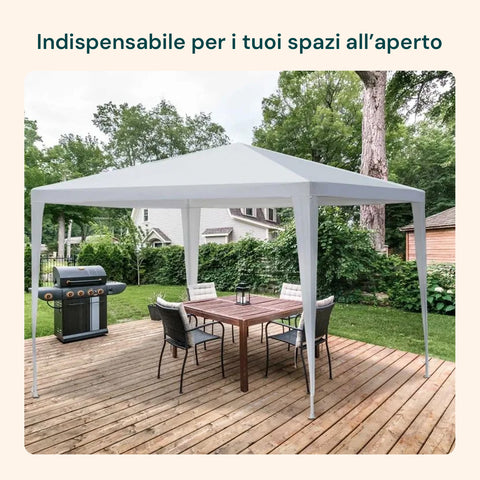 Gazebo installato su terrazza in legno con barbecue e tavolo, ideale per spazi aperti esterni