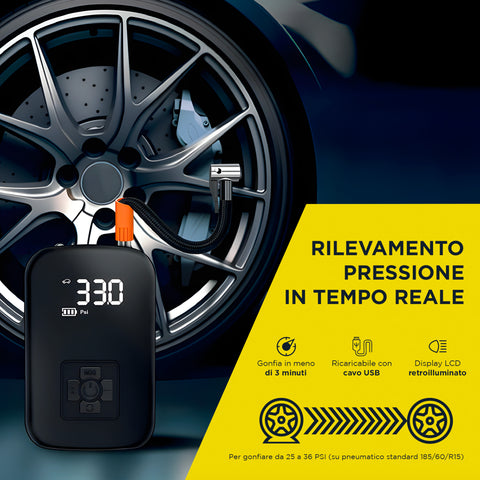 Compressore d'aria portatile in uso per gonfiare pneumatici auto con rilevamento pressione in tempo reale e display LCD retroilluminato