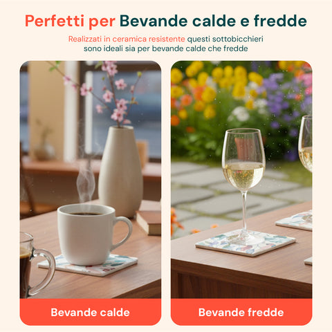 Sottobicchieri Floreali in Ceramica – Set 4 per Bevande Calde e Fredde