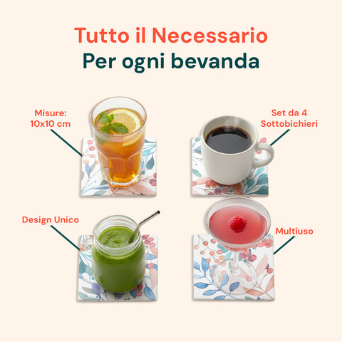 Sottobicchieri Floreali in Ceramica – Set 4 per Bevande Calde e Fredde