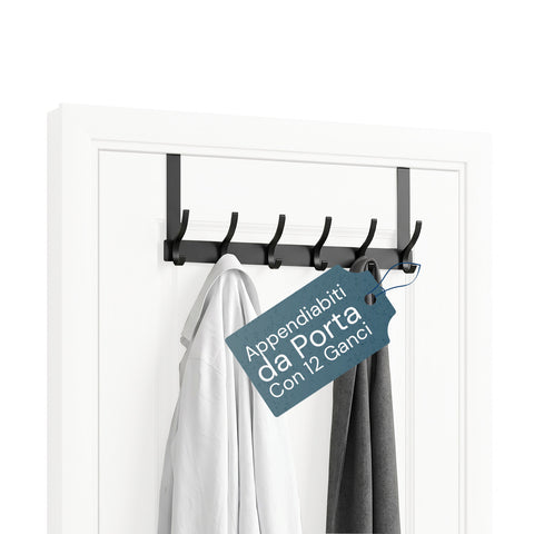Porte-Manteau de Porte en Aluminium avec 12 Crochets, Capacité de Charge 10 kg – Convient aux Portes d'une Épaisseur de 4,1 à 4,5 cm