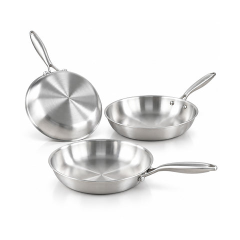 Set de 3 poêles en acier inoxydable Tri-Ply de 20-24-28 cm | Fond à induction adapté à tous les types de cuisson, sans PFAS et utilisables au four