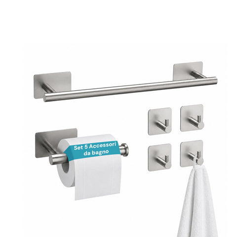 Lot de 5 accessoires de salle de bain adhésifs noirs en acier inoxydable capacité 2,5 kg - Complet avec porte-rouleau et crochets porte-serviettes
